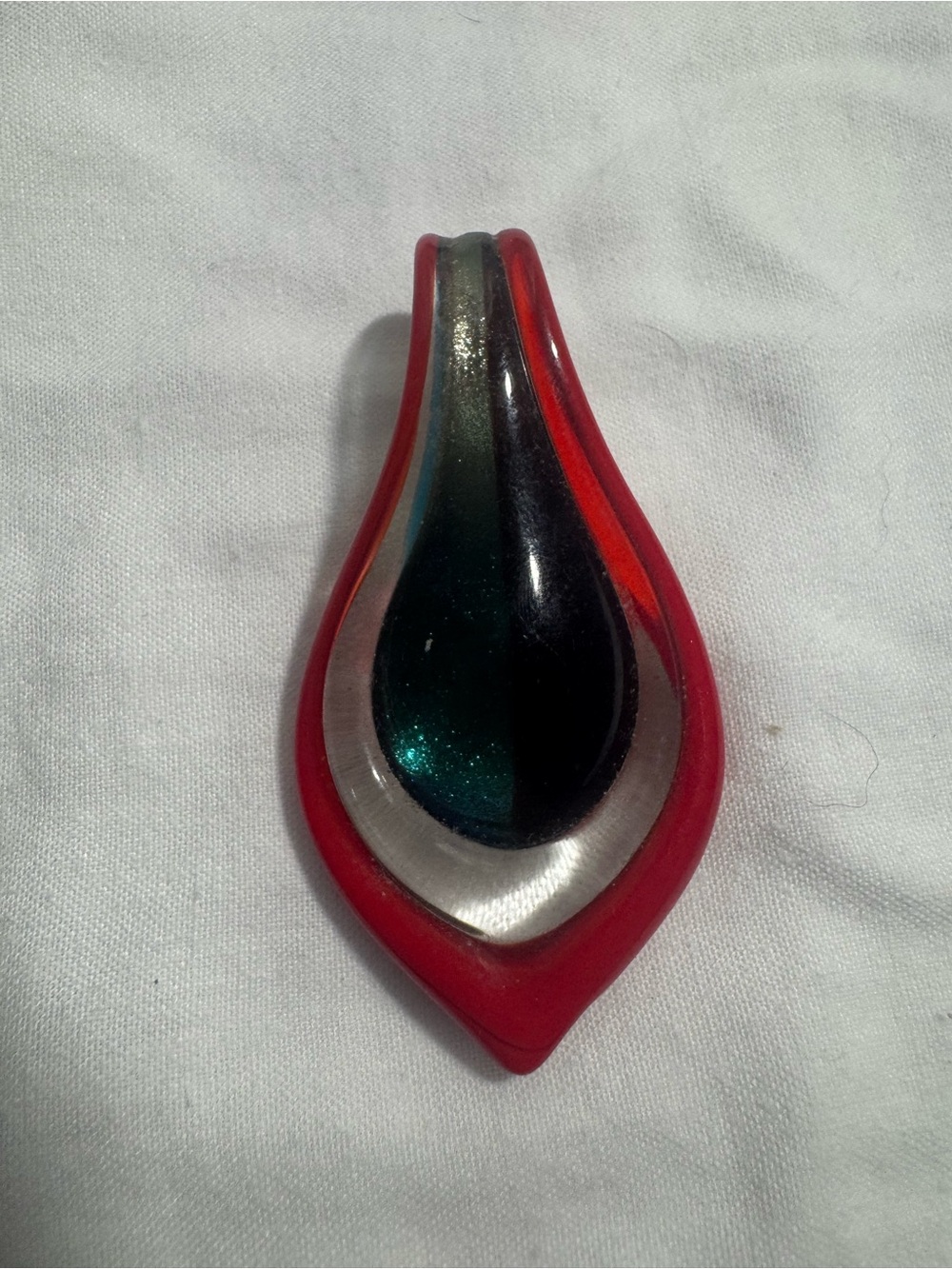 Murano Style Teardrop Art Glass Pendant Teal Foil Black Center Red Edge